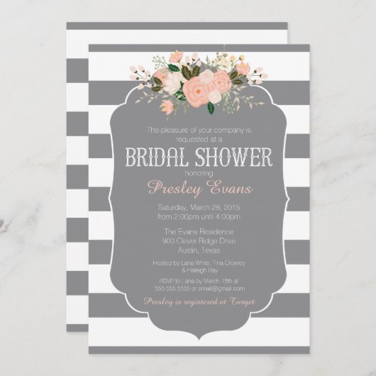 Bridal Shower Invitation, grijze stripe perzikflor Kaart (Voorkant / Achterkant)
