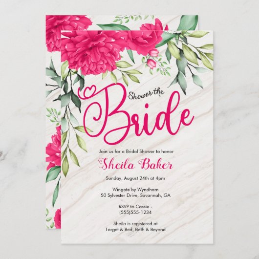 Bridal Shower Invitation - Helderroze Floral Kaart (Voorkant / Achterkant)