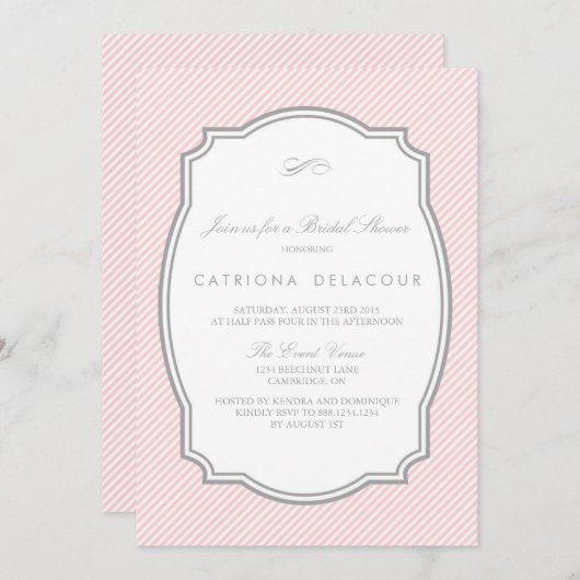 BRIDAL SHOWER INVITATION MET BLUSH EN GRAY STRIPED KAART (Voorkant / Achterkant)