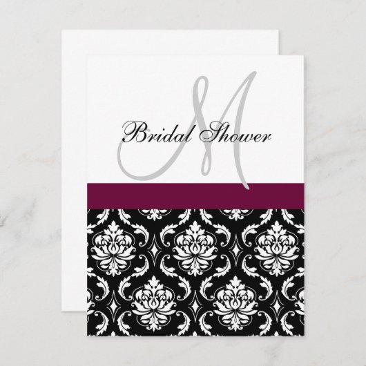 Bridal Shower Invitation Monogram Wine Damask Kaart (Voorkant / Achterkant)