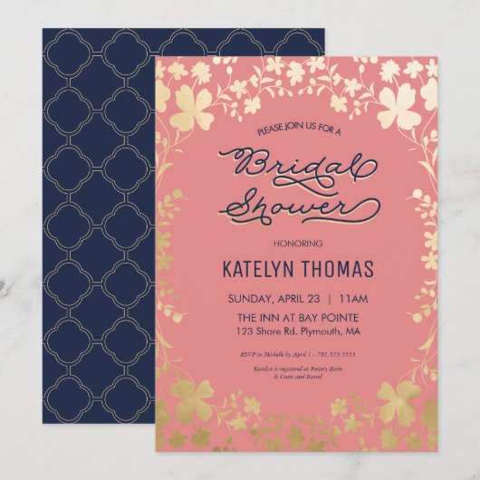 Bridal Shower Invitation, Navy, Coral, Gold Floral Kaart (Voorkant / Achterkant)