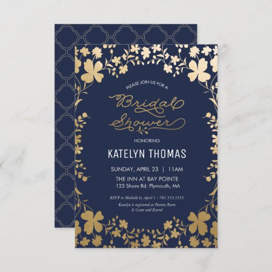 Bridal Shower Invitation, Navy Gold - klein Kaart (Voorkant / Achterkant)