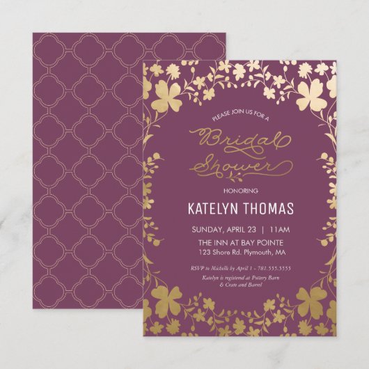 Bridal Shower Invitation,  Paars en goud Kaart (Voorkant / Achterkant)