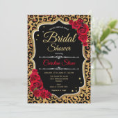 Bridal Shower Invitation Red Roses Leopard Print Kaart (Staand voorkant)