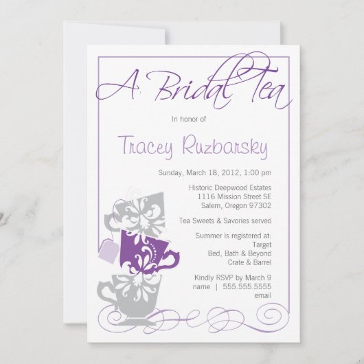 Bridal Shower Invitation - Tea  | Paars en grijs Kaart (Voorkant)