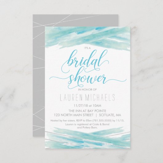 Bridal Shower Invitation - Waterverf, Blue Silver Kaart (Voorkant / Achterkant)