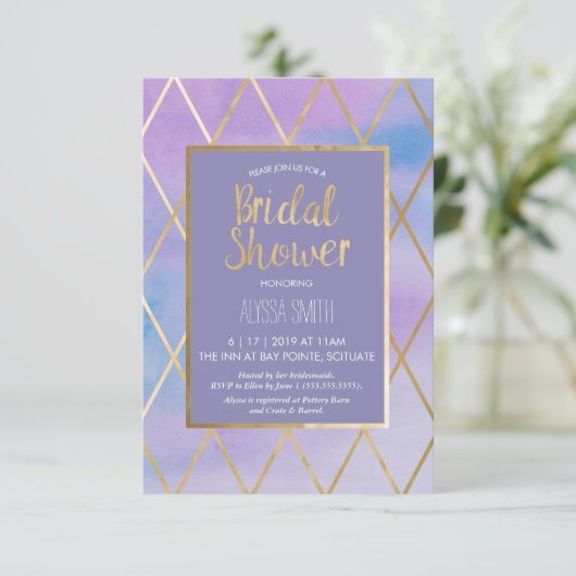 Bridal Shower Invitation - Waterverf, Paars Gold Kaart (Staand voorkant)