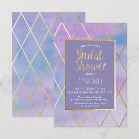 Bridal Shower Invitation - Waterverf, Paars Gold Kaart (Voorkant / Achterkant)