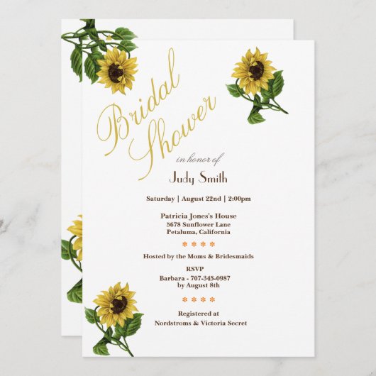 Bridal Shower Invitations Bright Gold Sunflower Kaart (Voorkant / Achterkant)