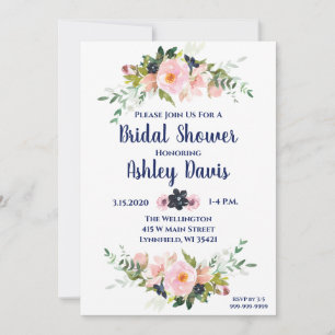 Bridal Shower Invitations Pink Navy Floral Brunch Save The Date