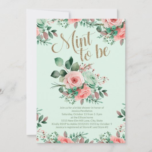 Bridal Shower Mint to Be Pink Roses Greenery Kaart (Voorkant)
