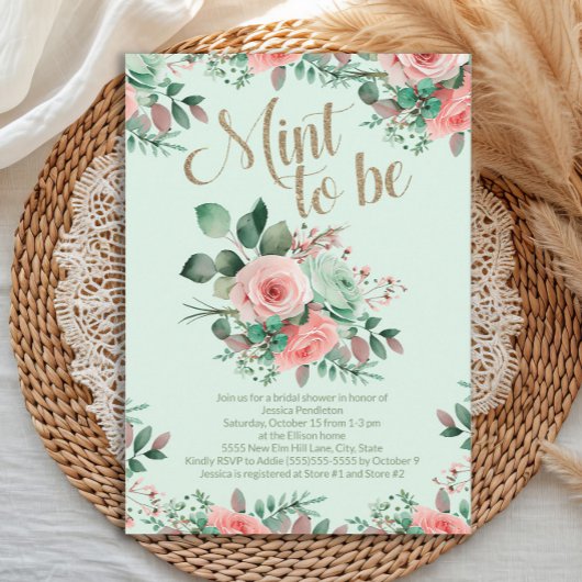 Bridal Shower Mint to Be Pink Roses Greenery Kaart