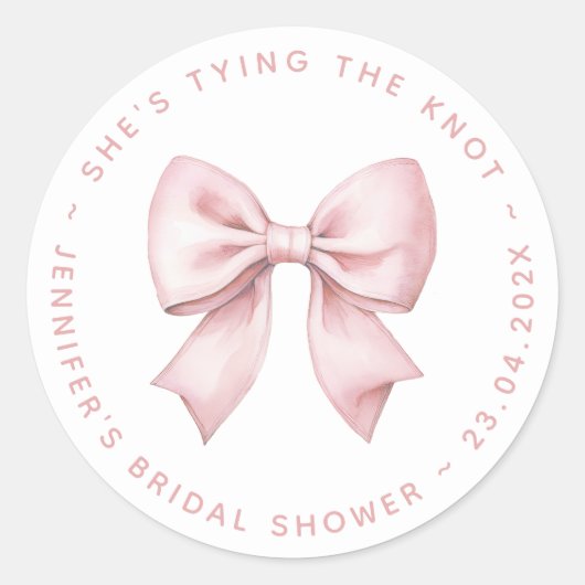 Bridal Shower Pink Bow She's Tying the Knot  Ronde Sticker (Voorkant)