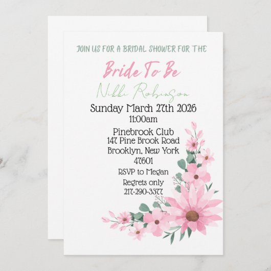 Bridal Shower Pink Flower Invite Notitiekaartje (Voorkant / Achterkant)