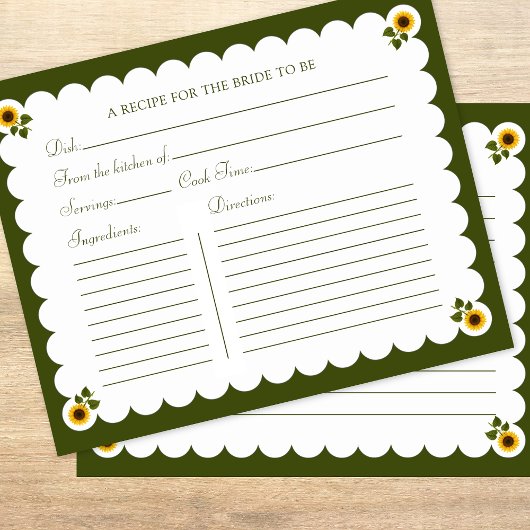 Bridal Shower Recipe Card Elegant Sunflower Green