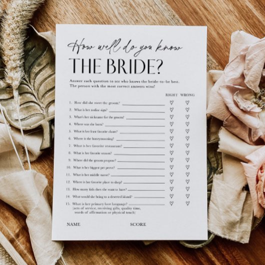 Bridal Shower Trivia Questionnaire Game Card Kaart
