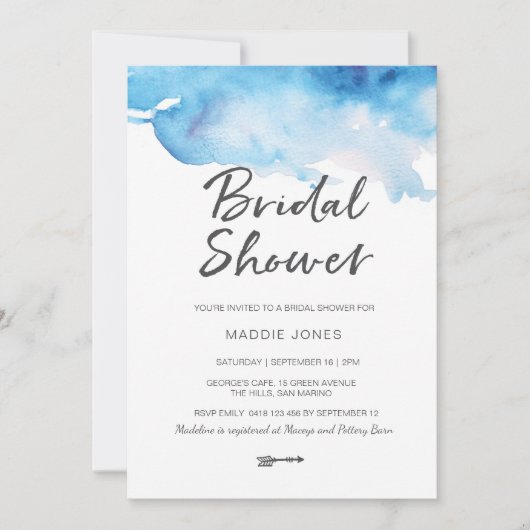 Bridal Shower-uitnodiging | Blauwe waterverf Kaart (Voorkant)
