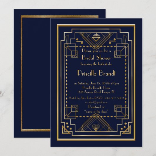 Bridal Shower-uitnodiging, geweldige Gatsby, marin Kaart (Voorkant / Achterkant)