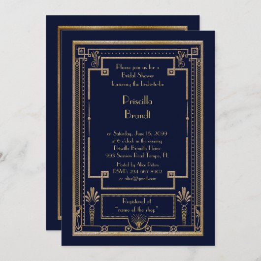 Bridal Shower-uitnodiging, geweldige Gatsby-metaal Kaart (Voorkant / Achterkant)