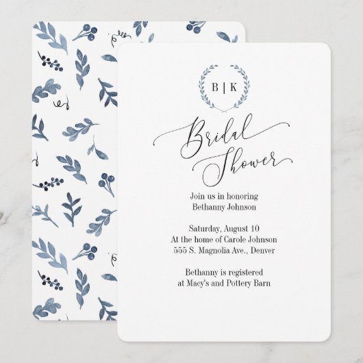 Bridal Shower-uitnodiging met blauw laurel-monogra Kaart (Voorkant / Achterkant)