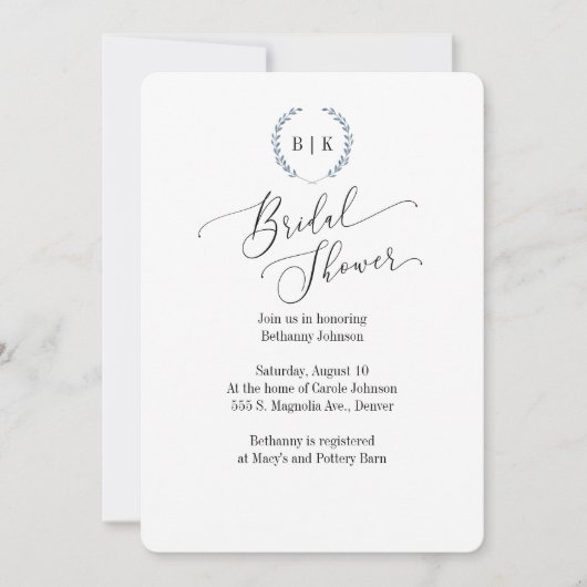 Bridal Shower-uitnodiging met blauw laurel-monogra Kaart (Voorkant)