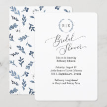 Bridal Shower-uitnodiging met blauw laurel-monogra