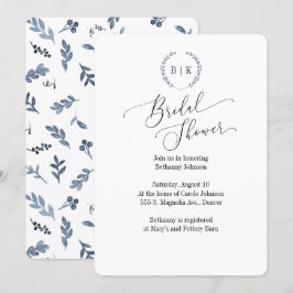 Bridal Shower-uitnodiging met blauw laurel-monogra Kaart