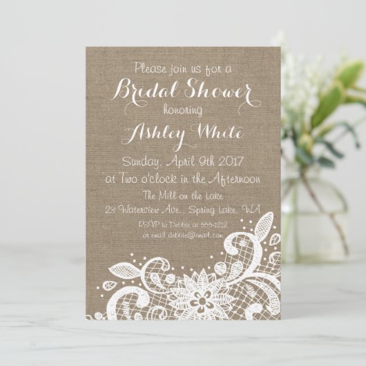 Bridal Shower-uitnodiging met burlap en kant Kaart (Staand voorkant)