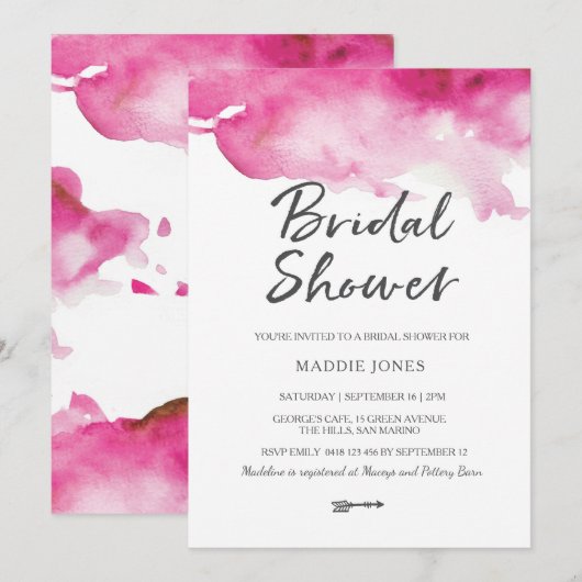 Bridal Shower-uitnodiging | Roze waterverf Kaart (Voorkant / Achterkant)