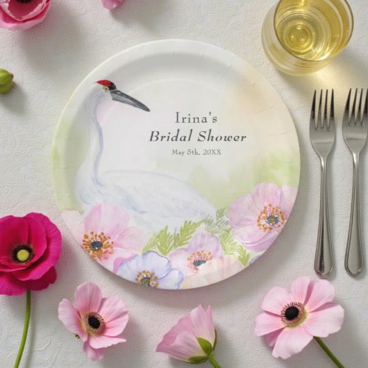 Bridal Shower Whooping Crane with Pastel Anemones  Papieren Bordje