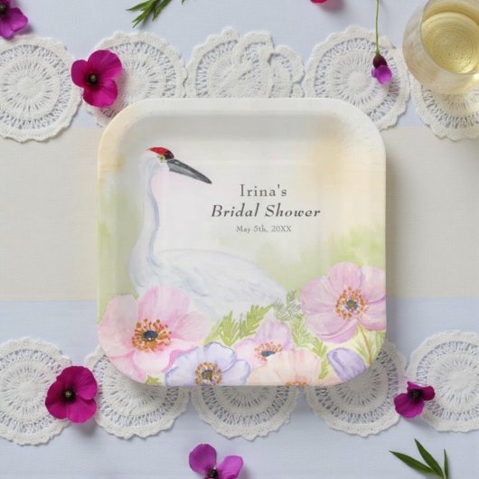 Bridal Shower Whooping Crane with Pastel Anemones Papieren Bordje