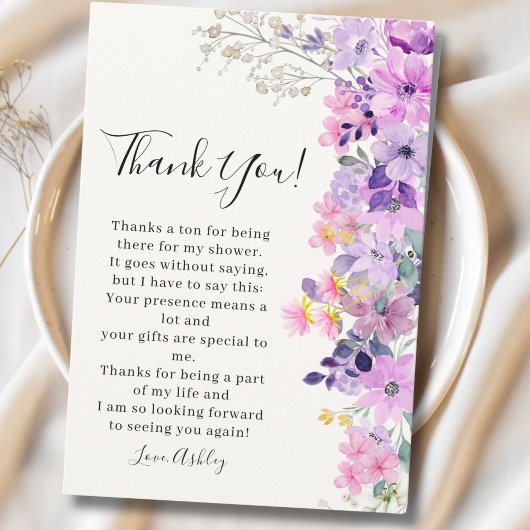 Bridal shower with wildflowers Purple Tones Bedankkaart