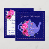 Bridal Tea Invitations Teapot and Pink Flowers Kaart (Voorkant / Achterkant)