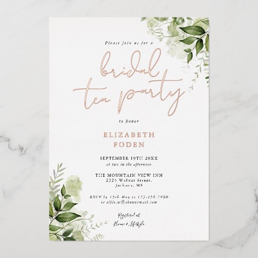 Bridal Tea Party Elegant Script Greenery Monogram Folie Uitnodiging (Voorkant)