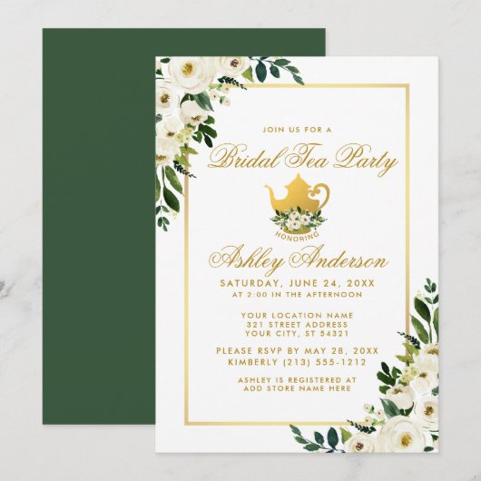 Bridal Tea Party Floral Green Gold Invitation G Kaart (Voorkant / Achterkant)