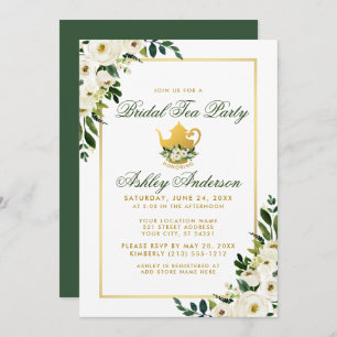 Bridal Tea Party Floral Green Gold Invitation GB Kaart