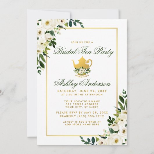 Bridal Tea Party Floral Green Gold Invitation GS Kaart (Voorkant)
