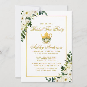 Bridal Tea Party Floral Green Gold Invitation Kaart