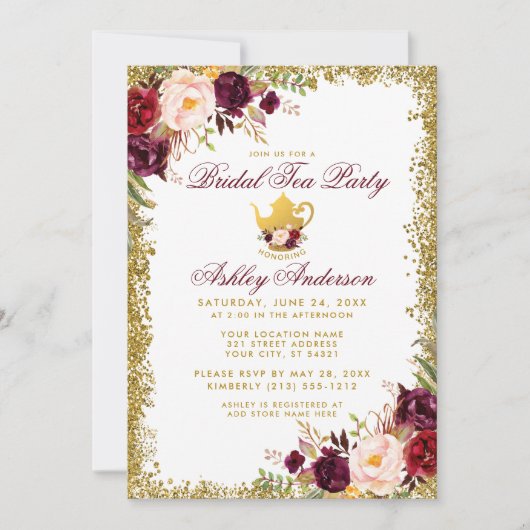 Bridal Tea Party Gold Glitter Burgundy Invite Kaart (Voorkant)