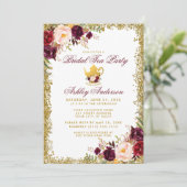 Bridal Tea Party Gold Glitter Burgundy Invite Kaart (Staand voorkant)