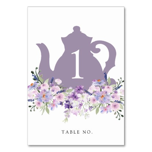 Bridal Tea Shower Paars Teapot Table Number Kaart (Achterkant)
