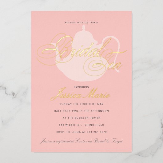 Bridal Tea Silver Tea Pot Elegant Vrijgezellenfees Folie Uitnodiging (Voorkant)