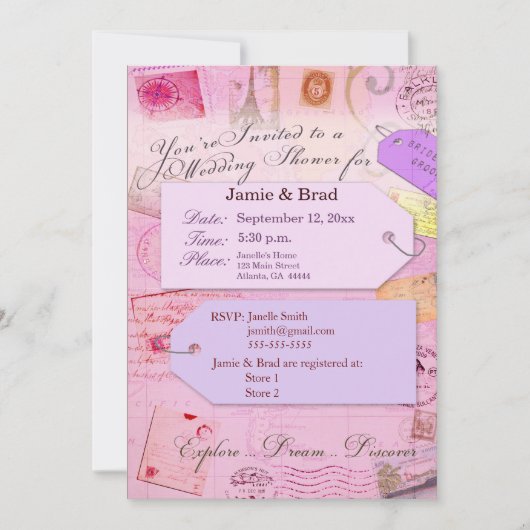 Bridal Travel Shower: roze en paarse invi Kaart (Voorkant)
