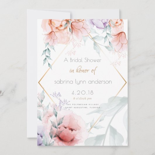 Bridal | Trendy Coral en Lila Aquarelle Peonies Kaart (Voorkant)