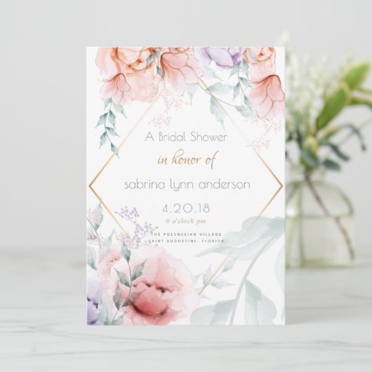 Bridal | Trendy Coral en Lila Aquarelle Peonies Kaart (Staand voorkant)