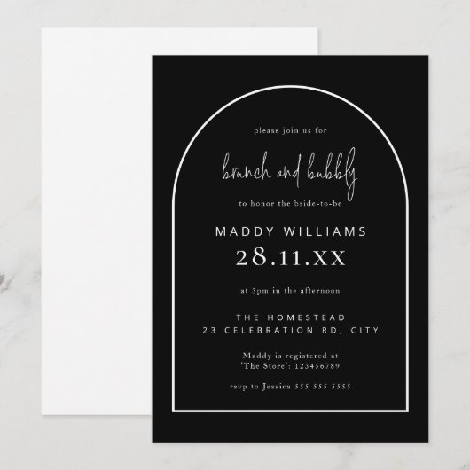 Bridal van Brunch & Bubble Black Minimalist Arch Kaart (Voorkant / Achterkant)