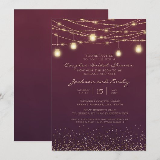 Bridal van de Burgundy Gold String Lights Couple Kaart (Voorkant / Achterkant)