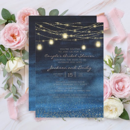 Bridal van de Navy Blue Gold String Lights Couple Kaart