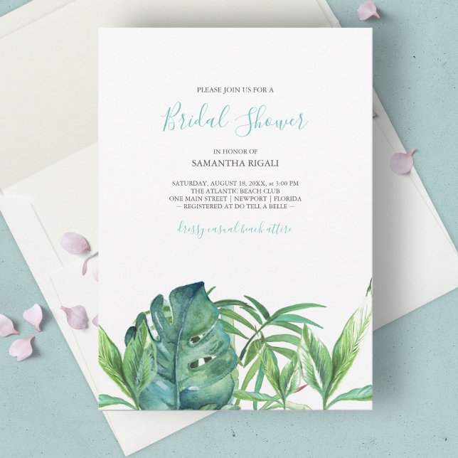 Bridal van de Waterverf van de Tropische Beach Tur (Tropical bridal shower invitations feature watercolor palm leaf art. )