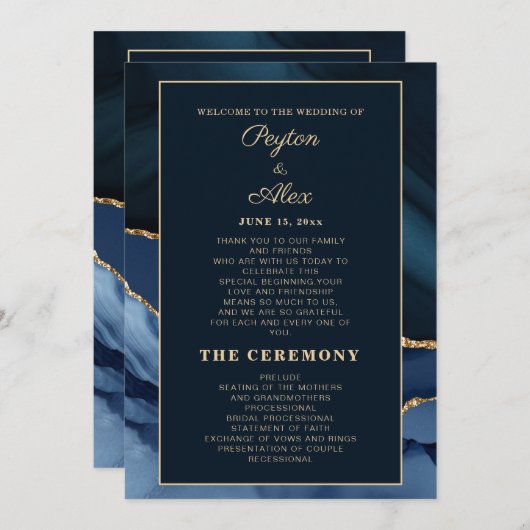 Bridal van het Navy Blue Marmer Wedding Programme Programmakaart (Voorkant / Achterkant)